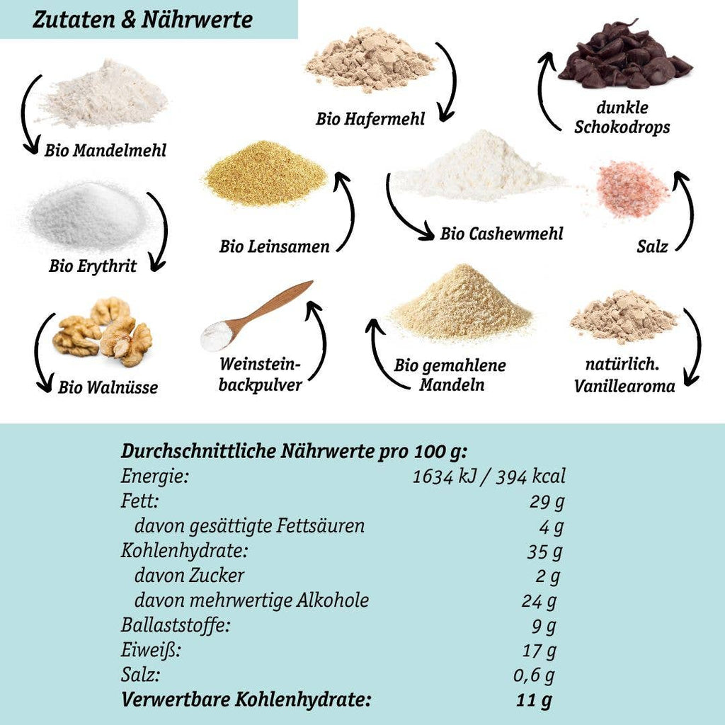 Preparato per biscotti vegani a basso contenuto di carboidrati* biologico per biscotti con gocce di cioccolato senza glutine: 1°