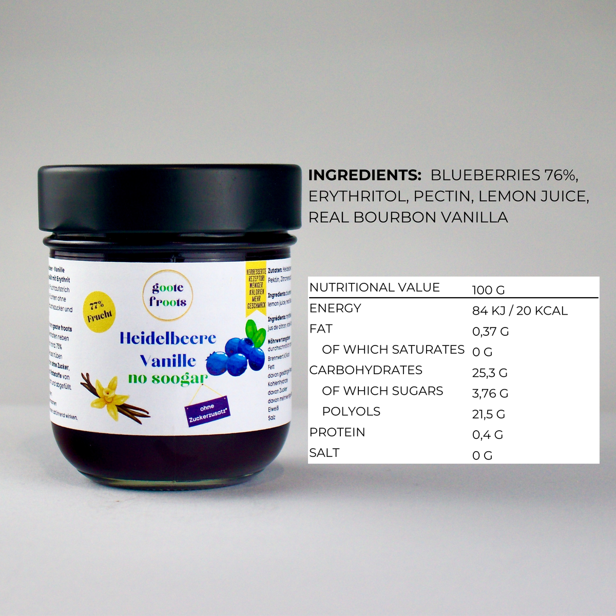 Confettura senza zucchero ai mirtilli e vaniglia 77% frutta