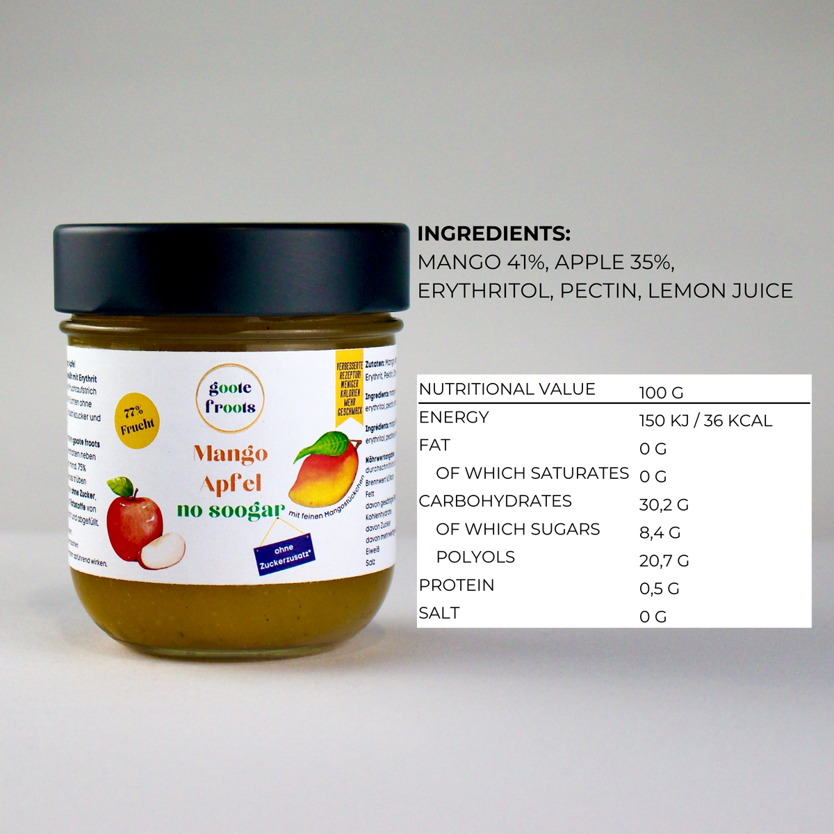 Confettura senza zucchero mango, mela e vaniglia 76% frutta